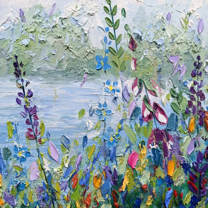 ALPINE MEADOW: Impasto Landscape Oil Painting with Wildflowers and Lake View | rectangular format, hand-painted canvas edge