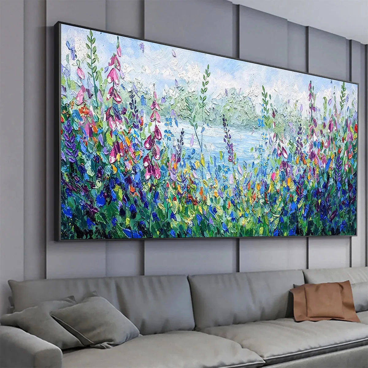 ALPINE MEADOW: Impasto Landscape Oil Painting with Wildflowers and Lake View | gold frame stretched on neutral wall