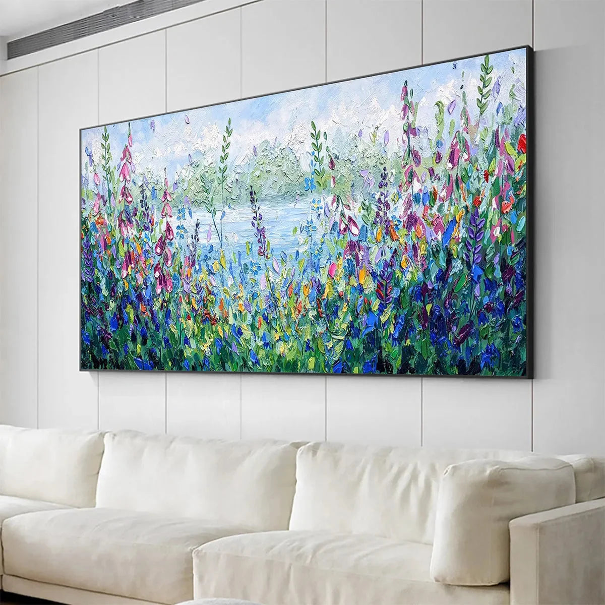 ALPINE MEADOW: Impasto Landscape Oil Painting with Wildflowers and Lake View | rolled canvas, ready for custom framing
