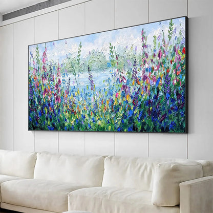 ALPINE MEADOW: Impasto Landscape Oil Painting with Wildflowers and Lake View | rolled canvas, ready for custom framing