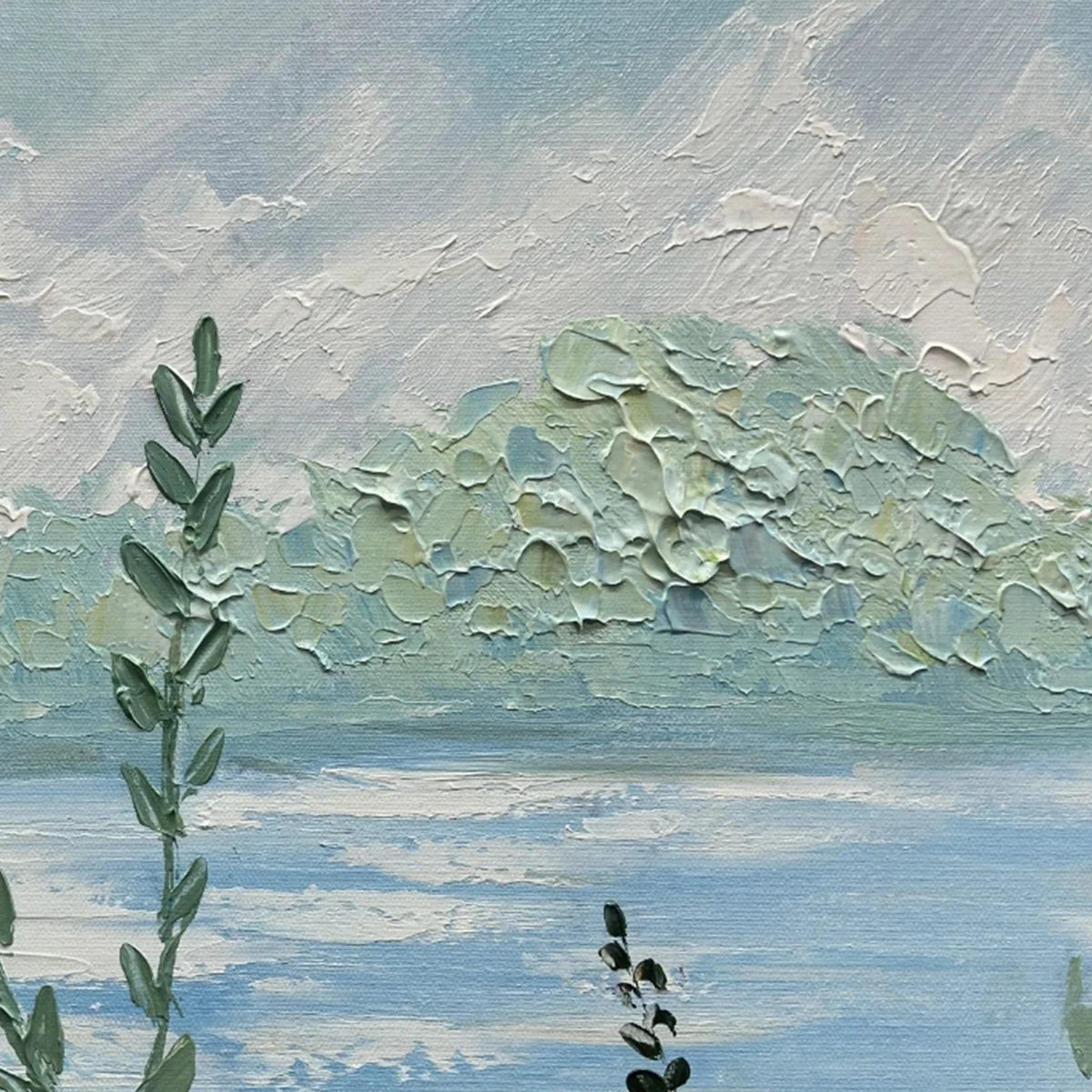 ALPINE MEADOW: Impasto Landscape Oil Painting with Wildflowers and Lake View | black frame version on white wall