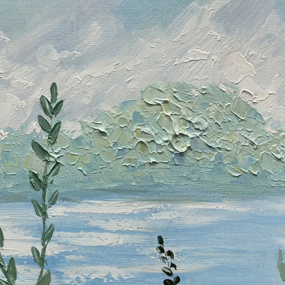 ALPINE MEADOW: Impasto Landscape Oil Painting with Wildflowers and Lake View | black frame version on white wall