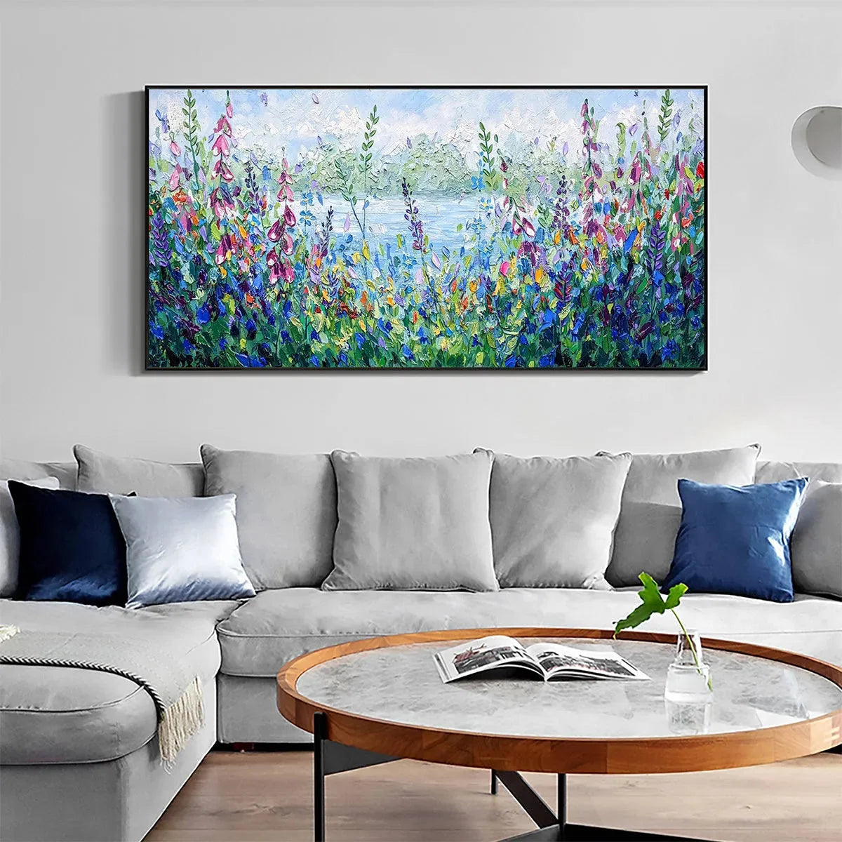 ALPINE MEADOW: Impasto Landscape Oil Painting with Wildflowers and Lake View | blue palette, original bedroom art