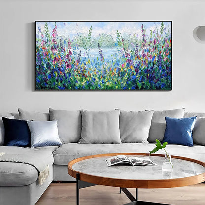 ALPINE MEADOW: Impasto Landscape Oil Painting with Wildflowers and Lake View | blue palette, original bedroom art