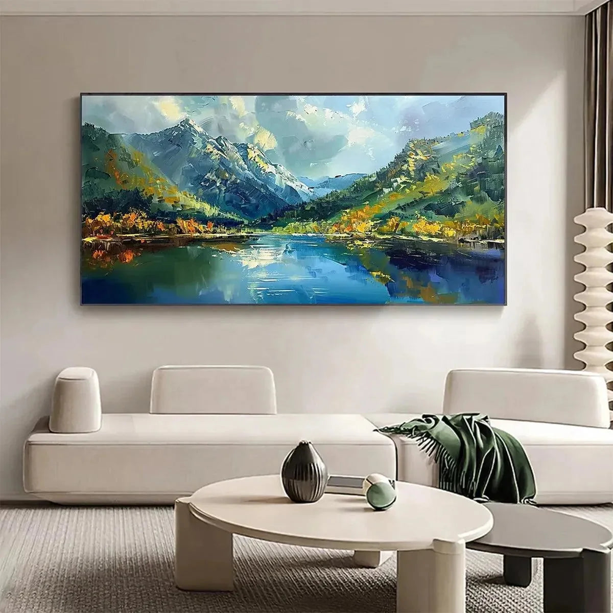 ALPINE REFLECTION: Panoramic Landscape Painting of a Mountain Lake | textured closeup, raised brushwork detail