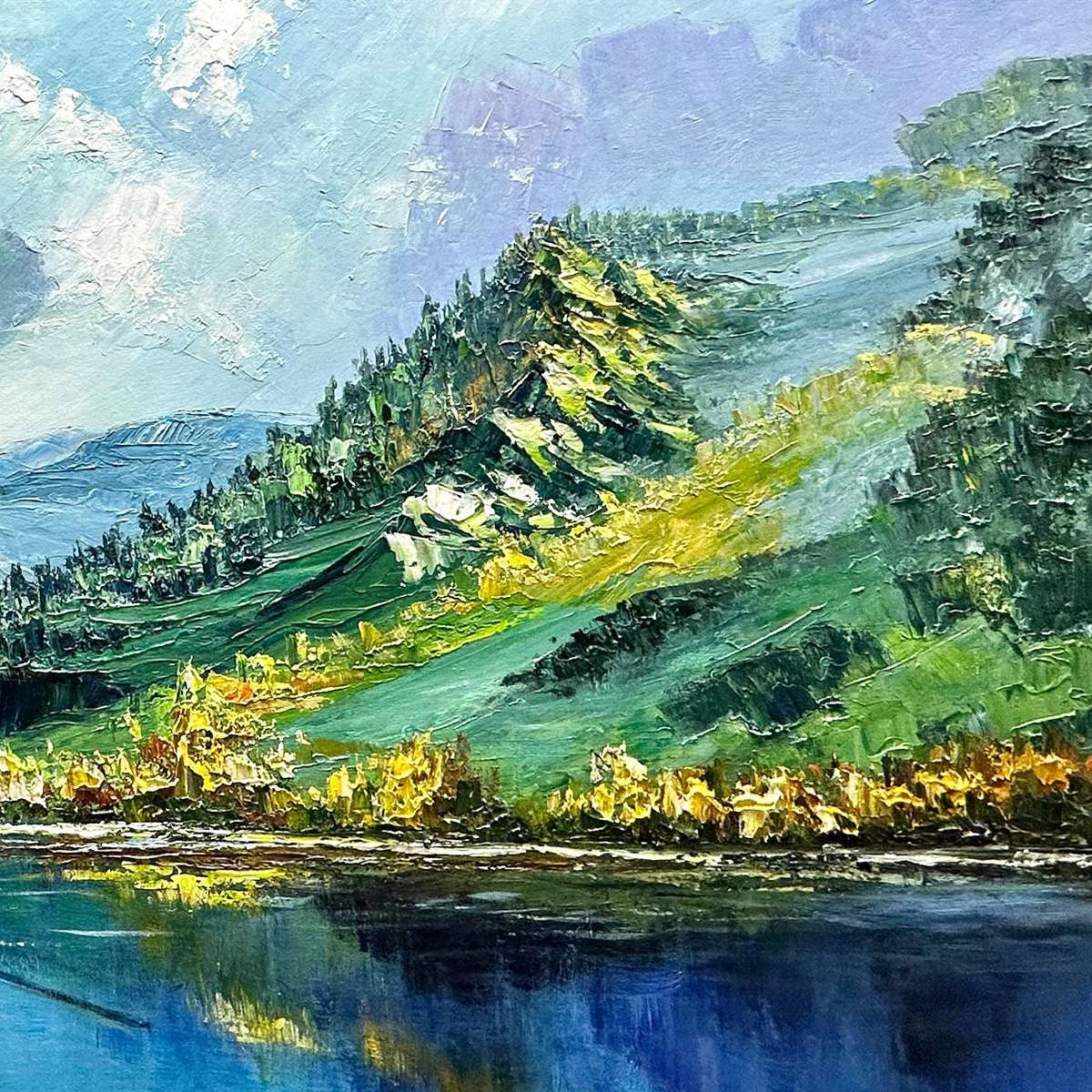 ALPINE REFLECTION: Panoramic Landscape Painting of a Mountain Lake | rectangular format, hand-painted canvas edge