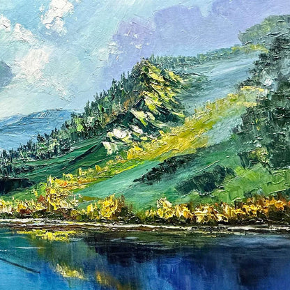 ALPINE REFLECTION: Panoramic Landscape Painting of a Mountain Lake | rectangular format, hand-painted canvas edge