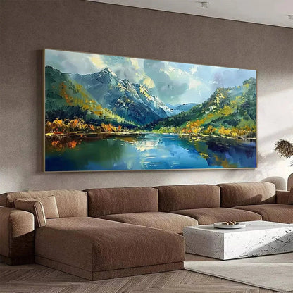 ALPINE REFLECTION: Panoramic Landscape Painting of a Mountain Lake | gold frame stretched on neutral wall