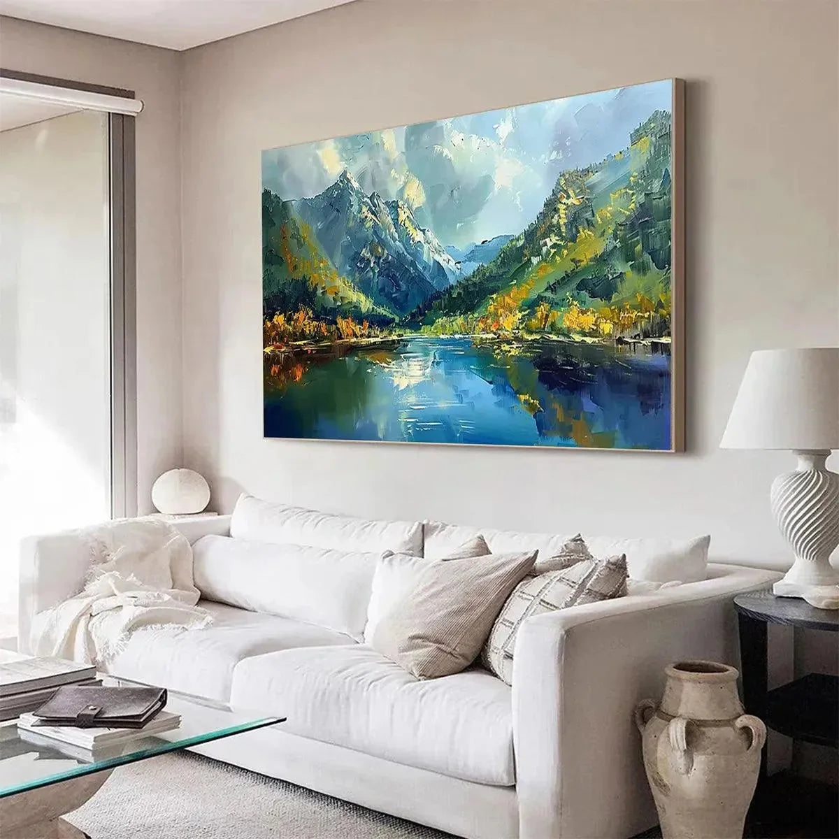 ALPINE REFLECTION: Panoramic Landscape Painting of a Mountain Lake | rolled canvas, ready for custom framing