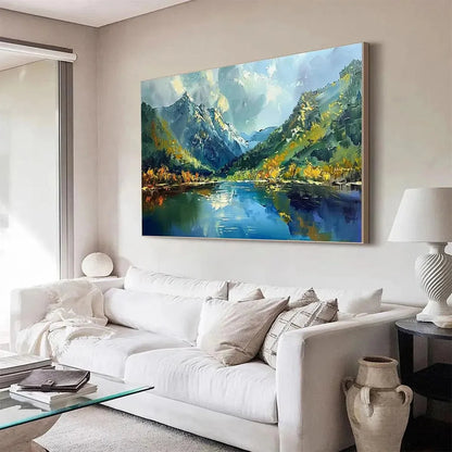 ALPINE REFLECTION: Panoramic Landscape Painting of a Mountain Lake | rolled canvas, ready for custom framing