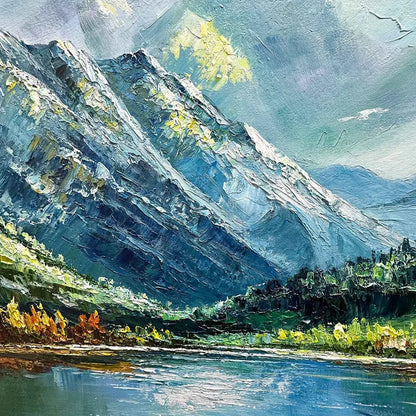 ALPINE REFLECTION: Panoramic Landscape Painting of a Mountain Lake | black frame version on white wall