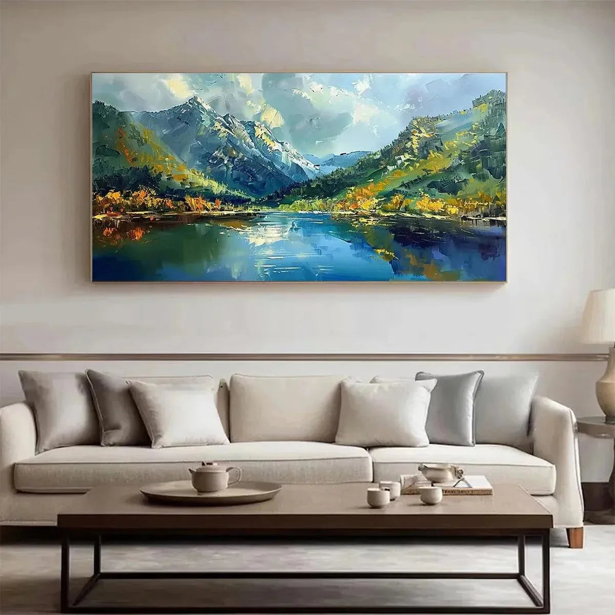 ALPINE REFLECTION: Panoramic Landscape Painting of a Mountain Lake | textured mood, soft natural light studio shot