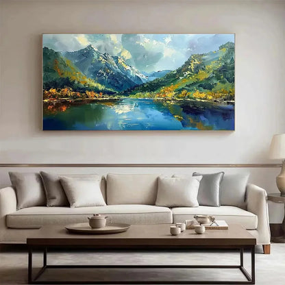 ALPINE REFLECTION: Panoramic Landscape Painting of a Mountain Lake | textured mood, soft natural light studio shot