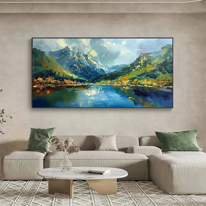 ALPINE REFLECTION: Panoramic Landscape Painting of a Mountain Lake | blue palette, original bedroom art