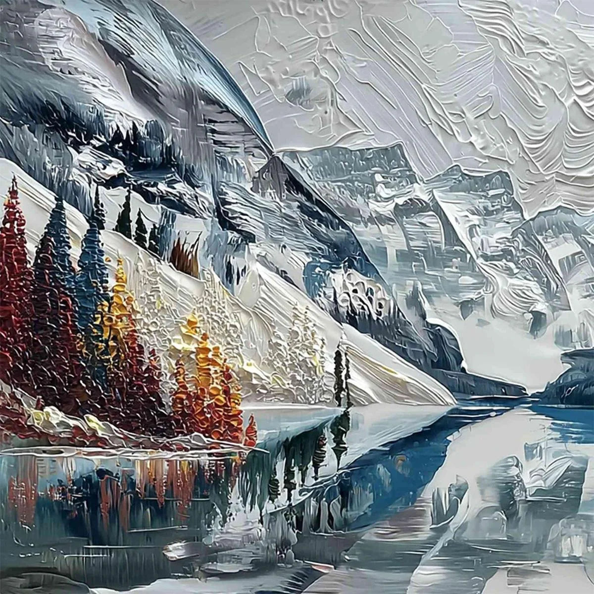ALPINE REFLECTION: Textured Palette Knife Mountain & Lake Landscape Painting | rectangular format, hand-painted canvas edge