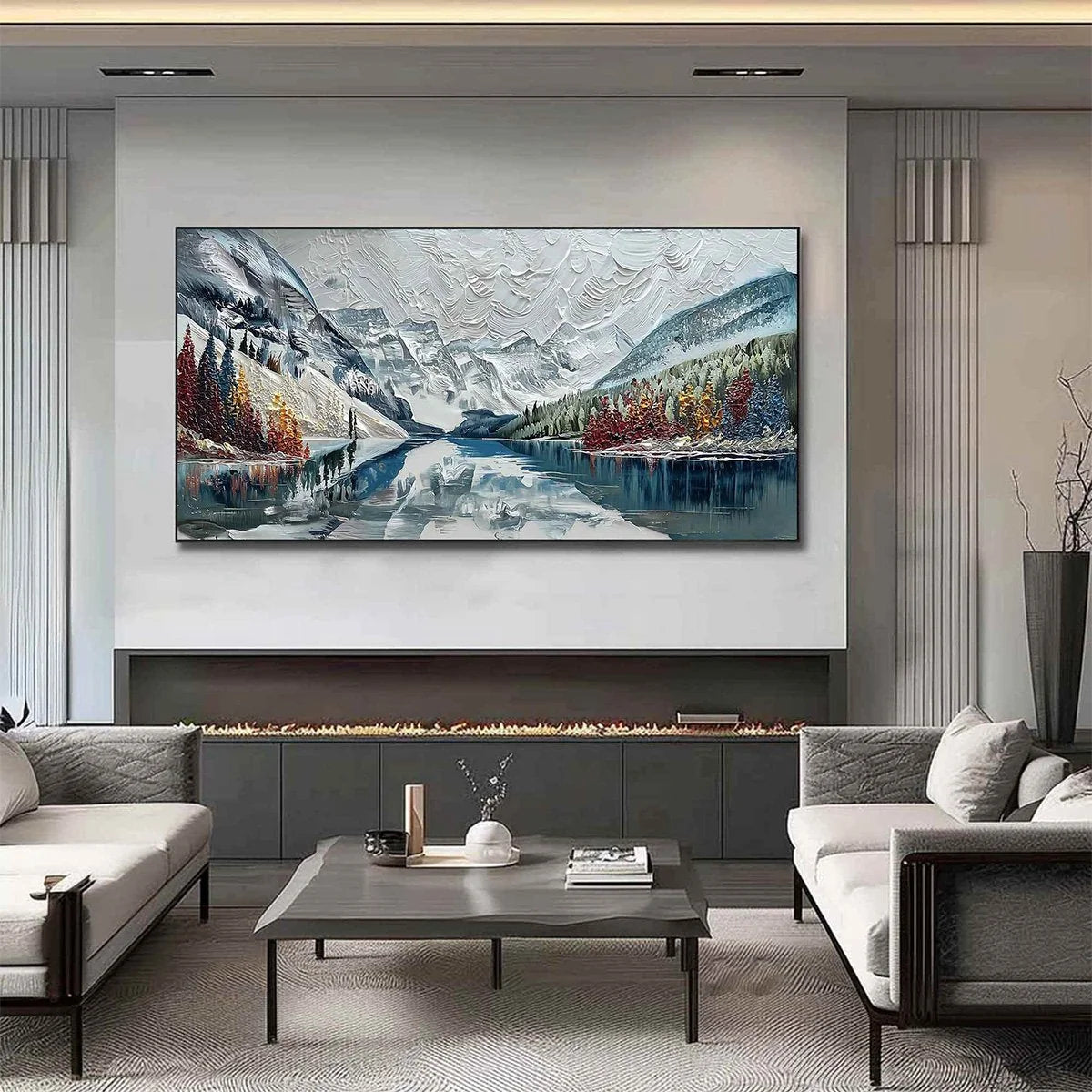 ALPINE REFLECTION: Textured Palette Knife Mountain & Lake Landscape Painting | gold frame stretched on neutral wall