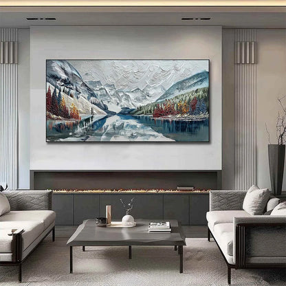 ALPINE REFLECTION: Textured Palette Knife Mountain & Lake Landscape Painting | gold frame stretched on neutral wall