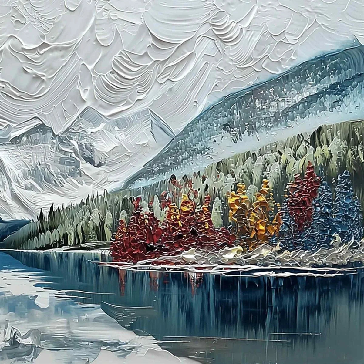 ALPINE REFLECTION: Textured Palette Knife Mountain & Lake Landscape Painting | rolled canvas, ready for custom framing