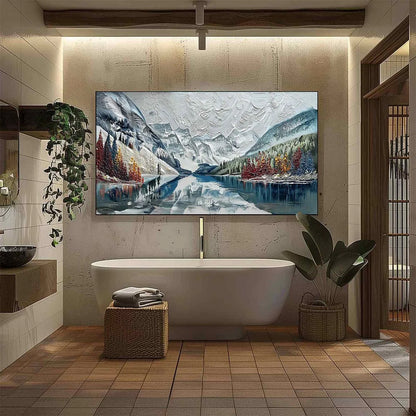 ALPINE REFLECTION: Textured Palette Knife Mountain & Lake Landscape Painting | black frame version on white wall