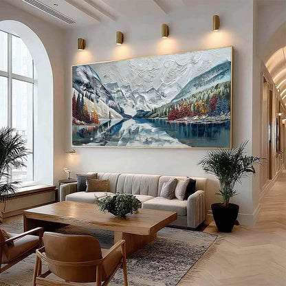 ALPINE REFLECTION: Textured Palette Knife Mountain & Lake Landscape Painting | palette knife mood, soft natural light studio shot