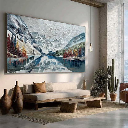 ALPINE REFLECTION: Textured Palette Knife Mountain & Lake Landscape Painting | blue palette, original bedroom art