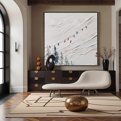ALPINE RUSH: Heavily Textured Impasto Skiing Sports Painting | gold frame stretched on neutral wall