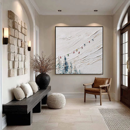ALPINE RUSH: Heavily Textured Impasto Skiing Sports Painting | black frame version on white wall