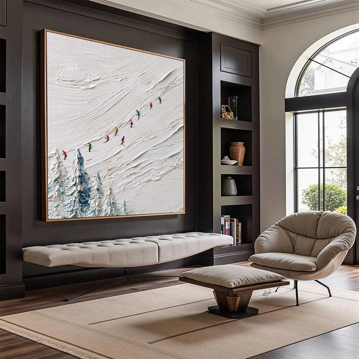 ALPINE RUSH: Heavily Textured Impasto Skiing Sports Painting | impasto mood, soft natural light studio shot