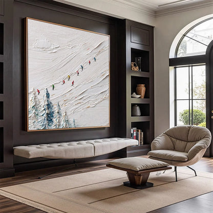 ALPINE RUSH: Heavily Textured Impasto Skiing Sports Painting | impasto mood, soft natural light studio shot