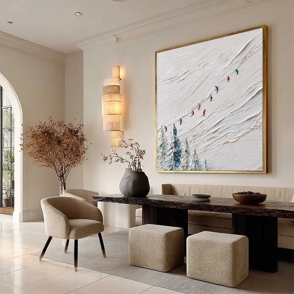 ALPINE RUSH: Heavily Textured Impasto Skiing Sports Painting | multi palette, original office art