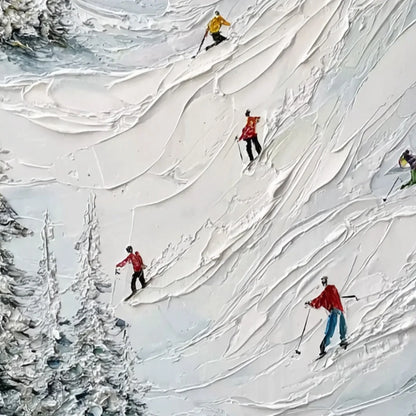ALPINE RUSH: Heavy Texture Impasto Painting of Skiers on a Mountain | rectangular format, hand-painted canvas edge