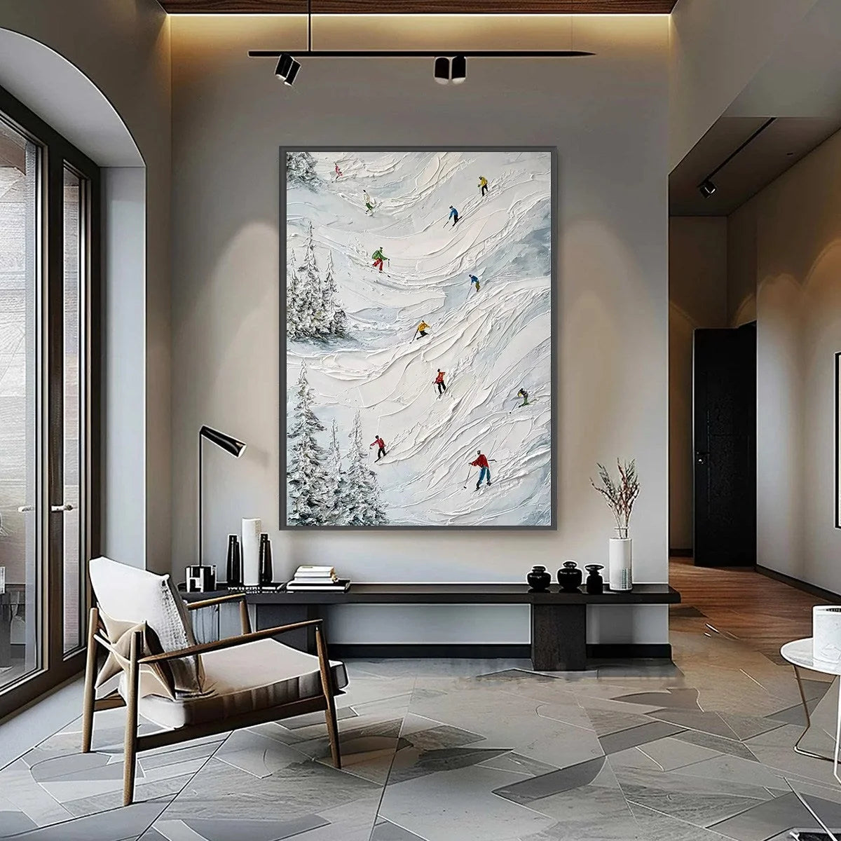 ALPINE RUSH: Heavy Texture Impasto Painting of Skiers on a Mountain | gold frame stretched on neutral wall
