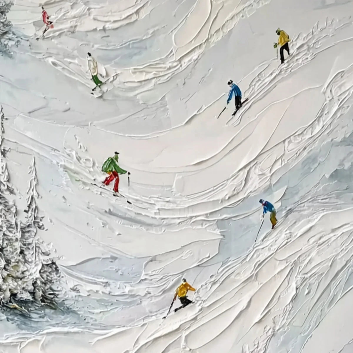 ALPINE RUSH: Heavy Texture Impasto Painting of Skiers on a Mountain | rolled canvas, ready for custom framing