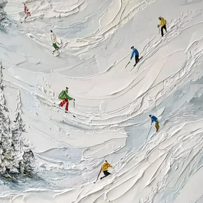 ALPINE RUSH: Heavy Texture Impasto Painting of Skiers on a Mountain | rolled canvas, ready for custom framing