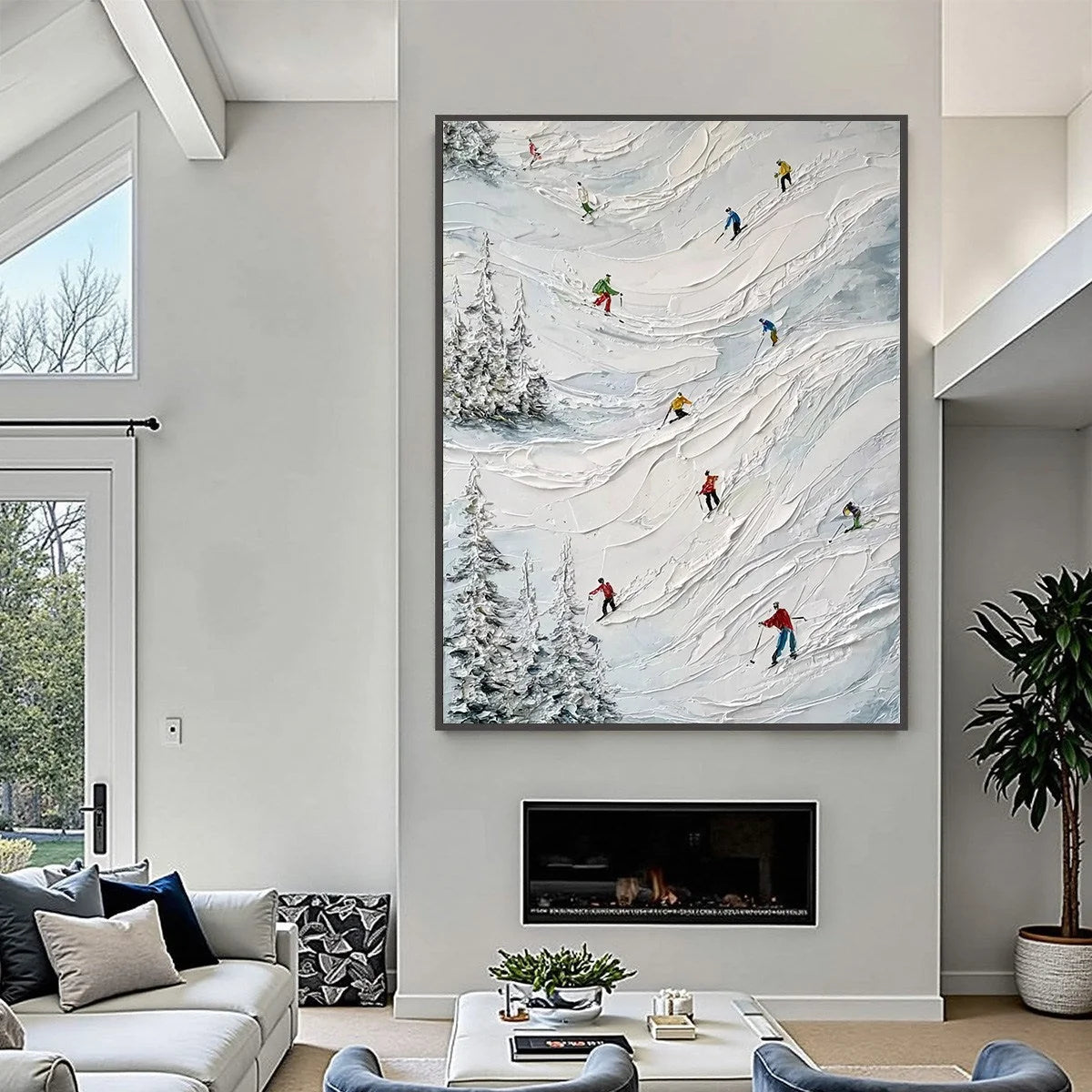ALPINE RUSH: Heavy Texture Impasto Painting of Skiers on a Mountain | black frame version on white wall