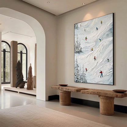 ALPINE RUSH: Heavy Texture Impasto Painting of Skiers on a Mountain | impasto mood, soft natural light studio shot