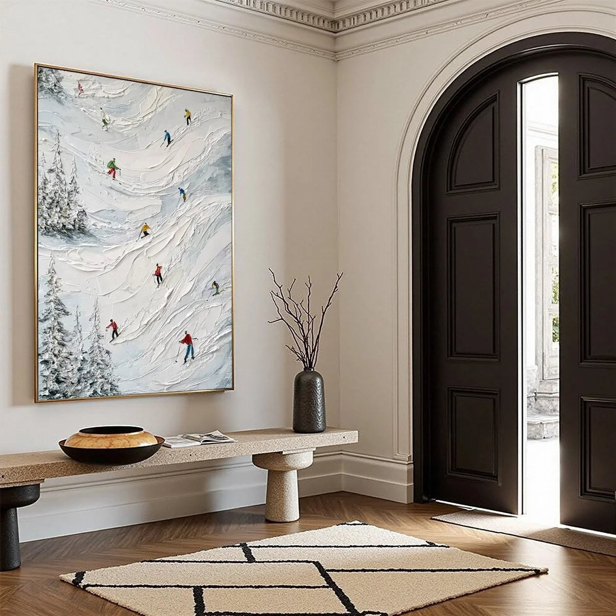 ALPINE RUSH: Heavy Texture Impasto Painting of Skiers on a Mountain | multi palette, original office art