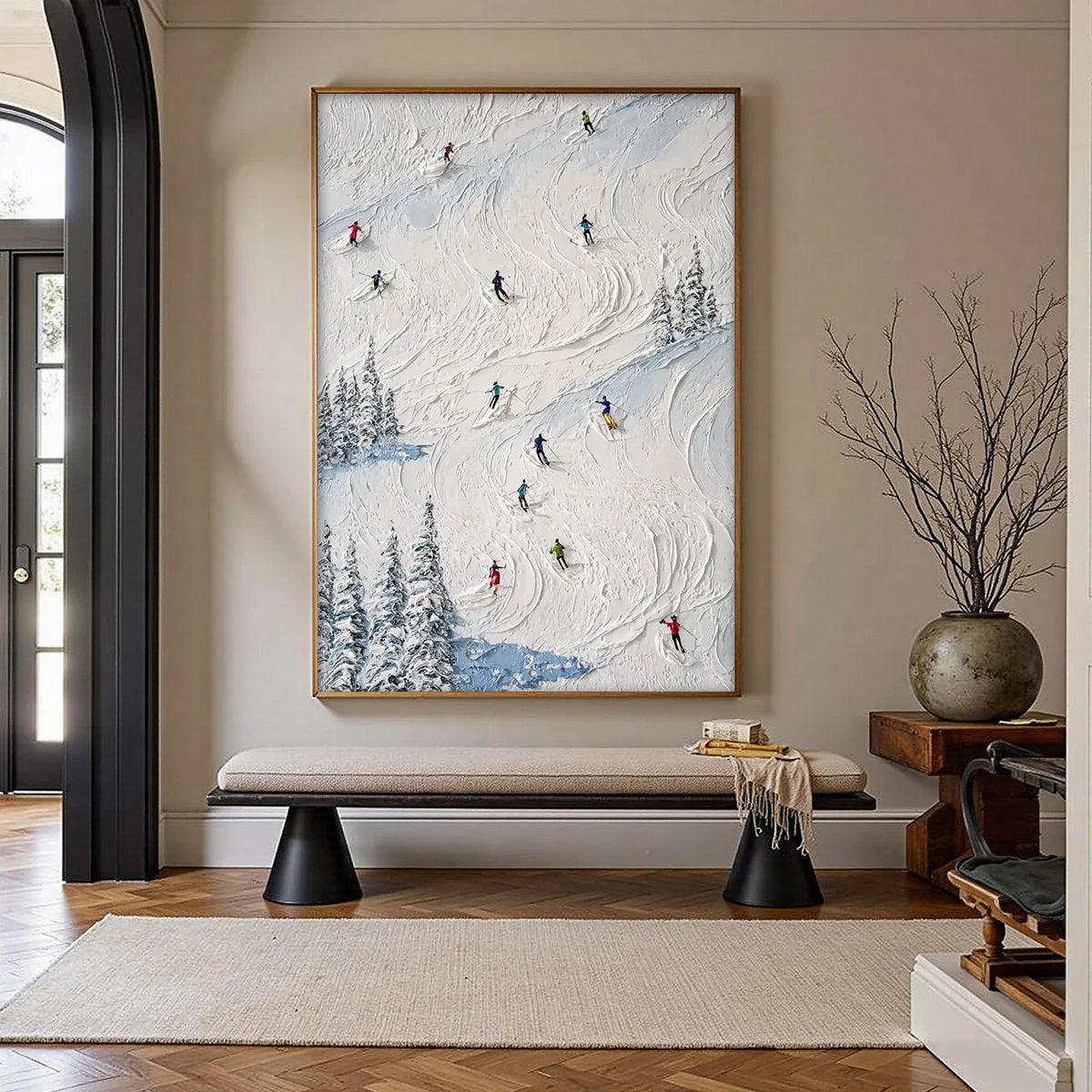 ALPINE RUSH: Heavy Texture Impasto Painting of Skiers on a Mountain Slope | impasto closeup, raised brushwork detail