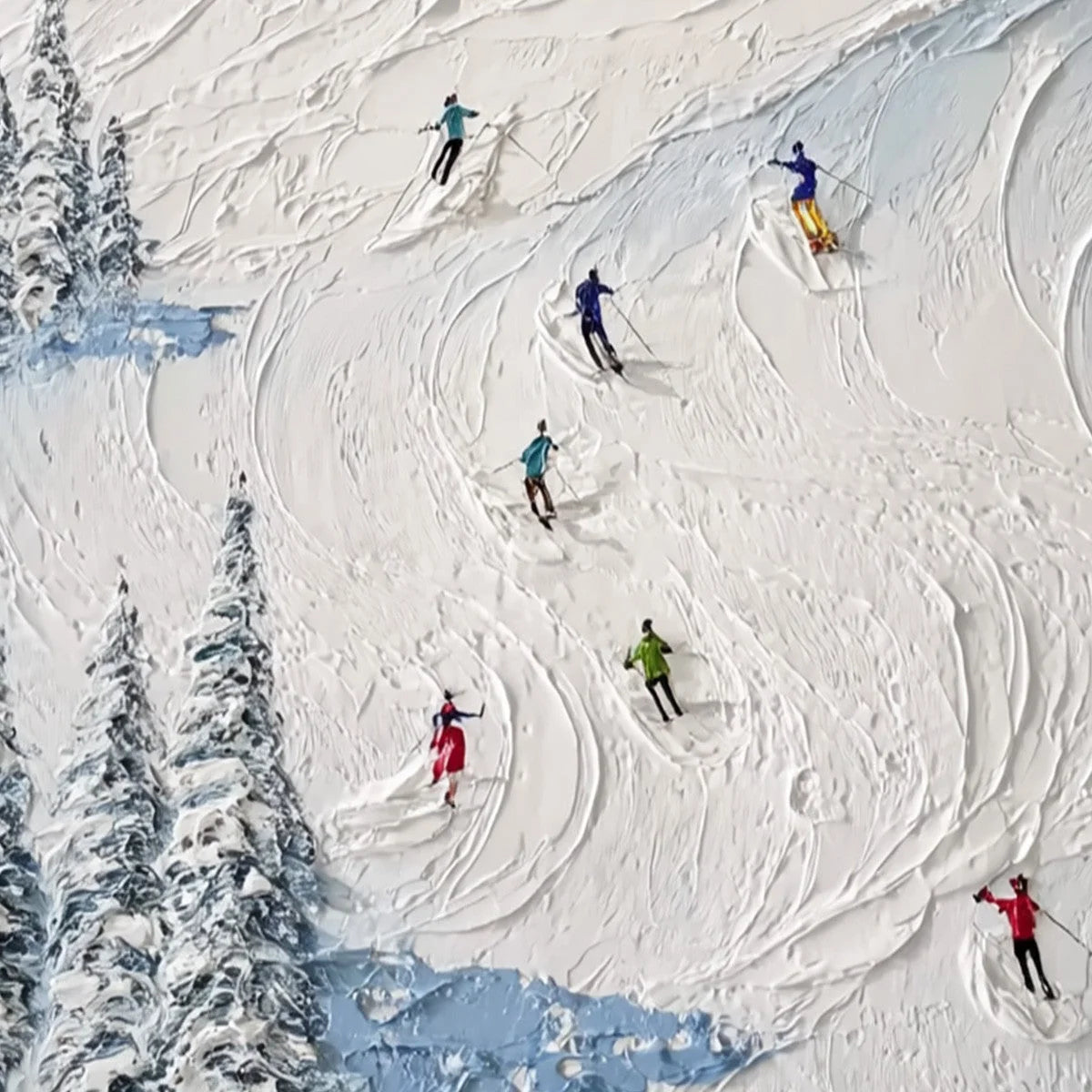 ALPINE RUSH: Heavy Texture Impasto Painting of Skiers on a Mountain Slope | rectangular format, hand-painted canvas edge