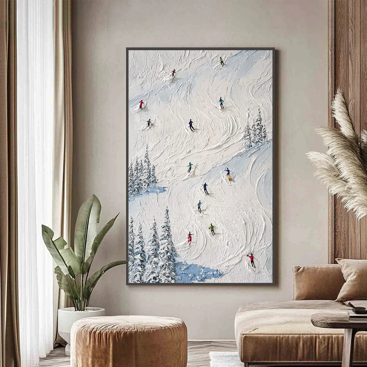 ALPINE RUSH: Heavy Texture Impasto Painting of Skiers on a Mountain Slope | gold frame stretched on neutral wall