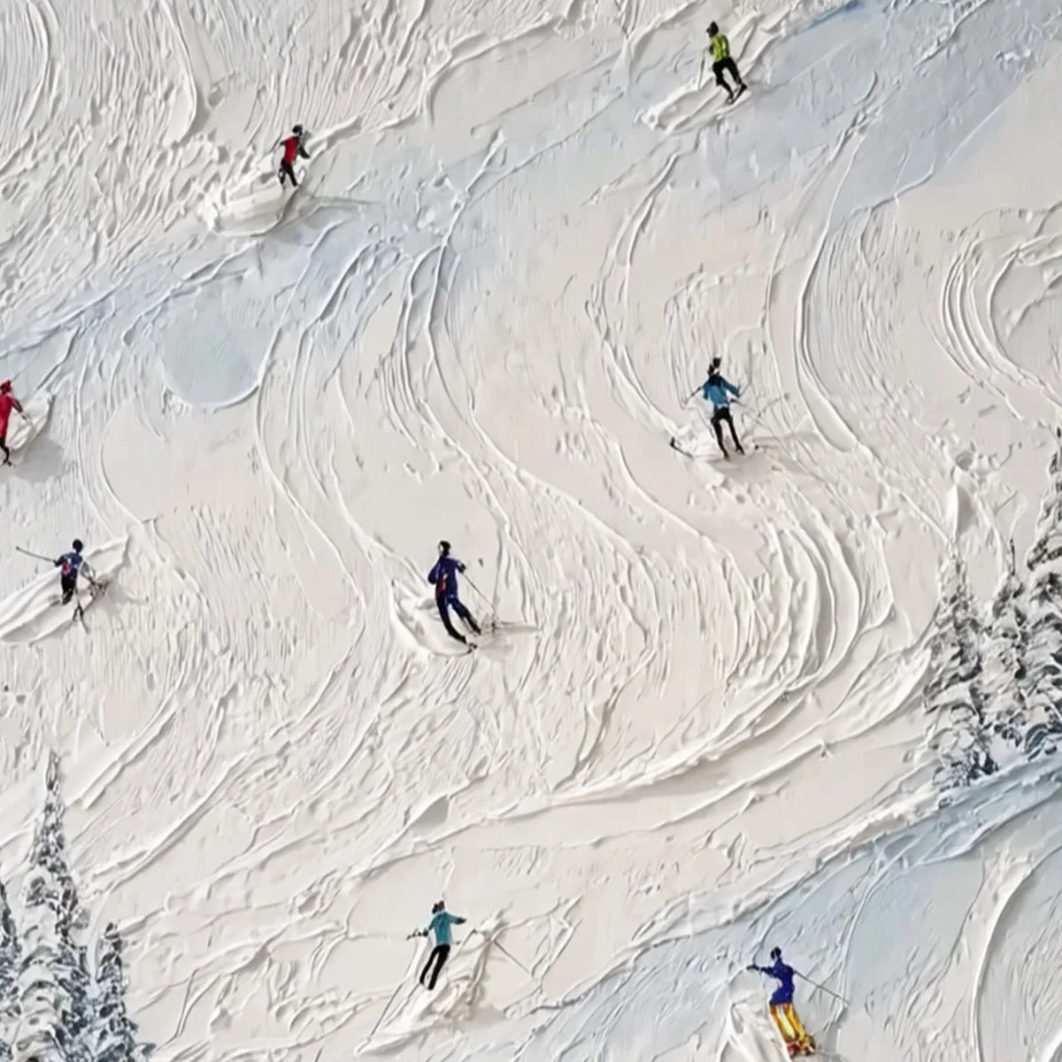 ALPINE RUSH: Heavy Texture Impasto Painting of Skiers on a Mountain Slope | rolled canvas, ready for custom framing