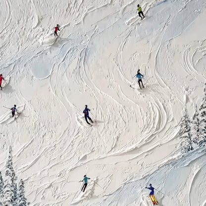 ALPINE RUSH: Heavy Texture Impasto Painting of Skiers on a Mountain Slope | rolled canvas, ready for custom framing