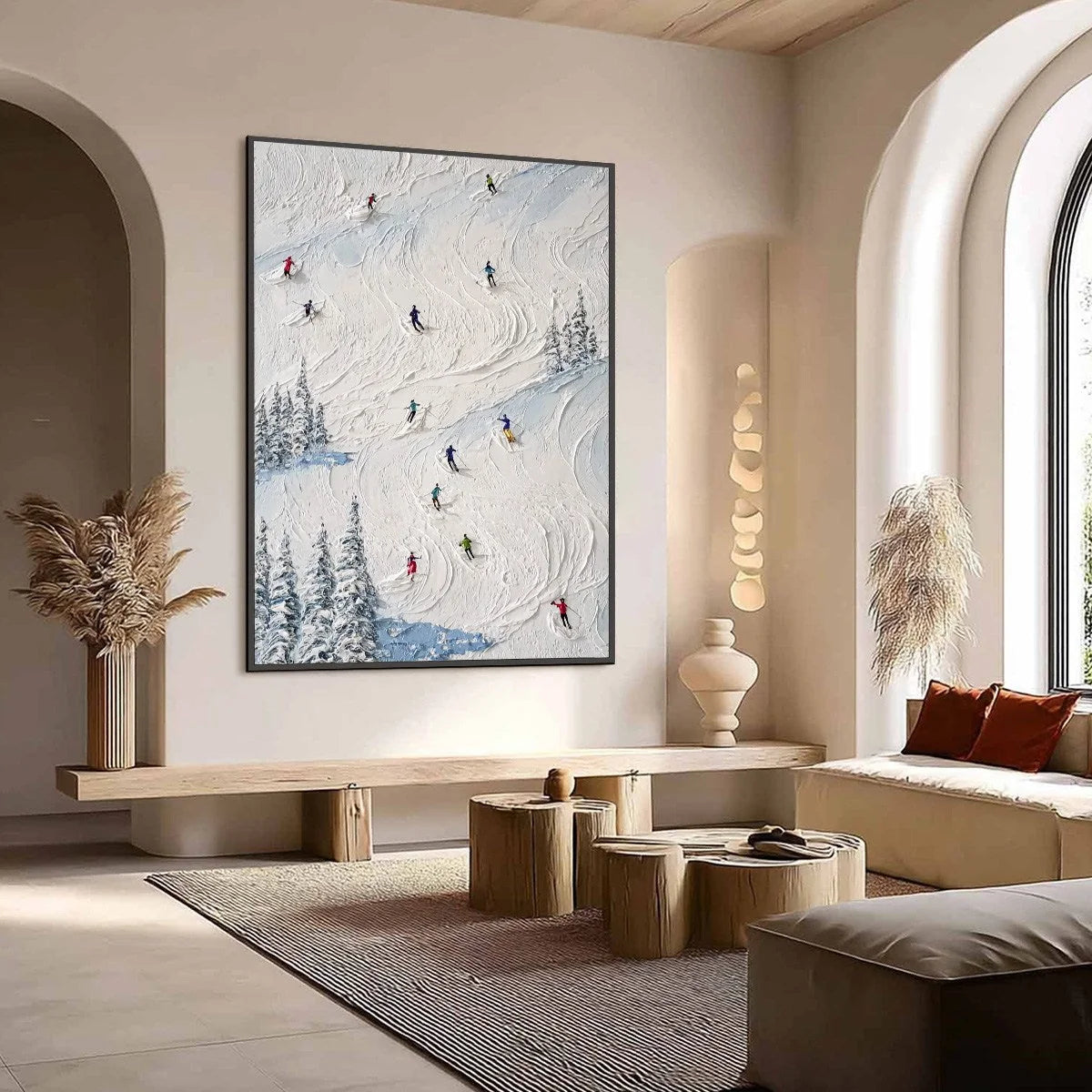 ALPINE RUSH: Heavy Texture Impasto Painting of Skiers on a Mountain Slope | impasto mood, soft natural light studio shot
