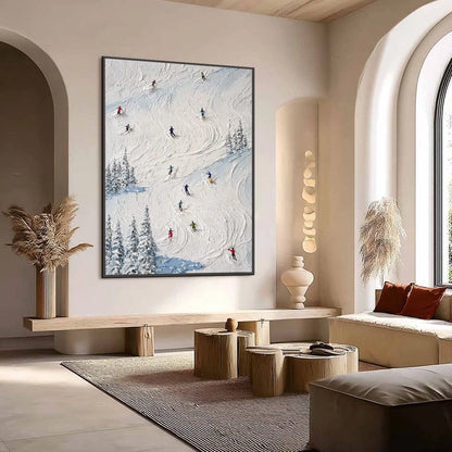 ALPINE RUSH: Heavy Texture Impasto Painting of Skiers on a Mountain Slope | impasto mood, soft natural light studio shot