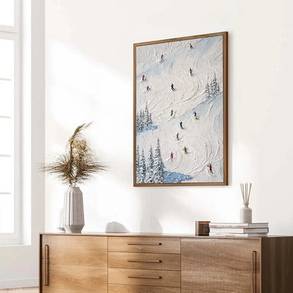 ALPINE RUSH: Heavy Texture Impasto Painting of Skiers on a Mountain Slope | multi palette, original office art