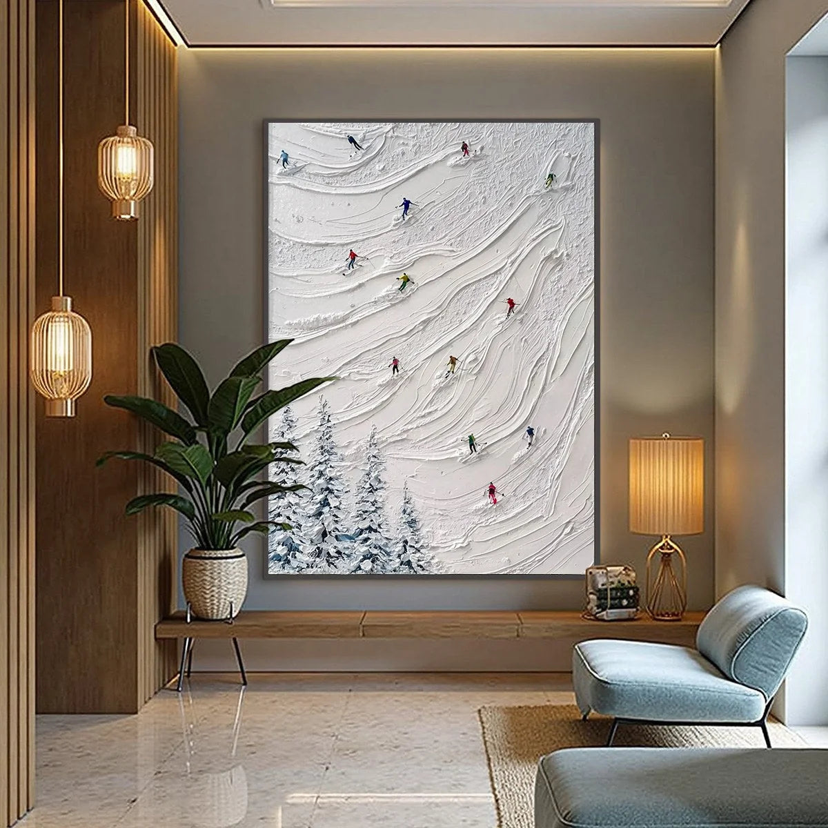 ALPINE RUSH: Textured Impasto Painting of Skiers on a Snowy Mountain | impasto closeup, raised brushwork detail