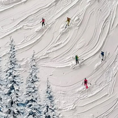 ALPINE RUSH: Textured Impasto Painting of Skiers on a Snowy Mountain | rectangular format, hand-painted canvas edge