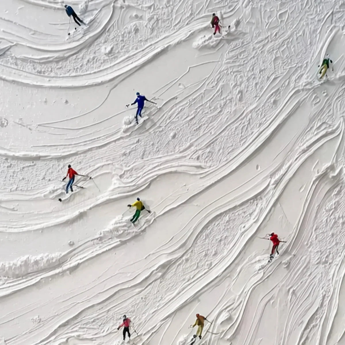 ALPINE RUSH: Textured Impasto Painting of Skiers on a Snowy Mountain | rolled canvas, ready for custom framing
