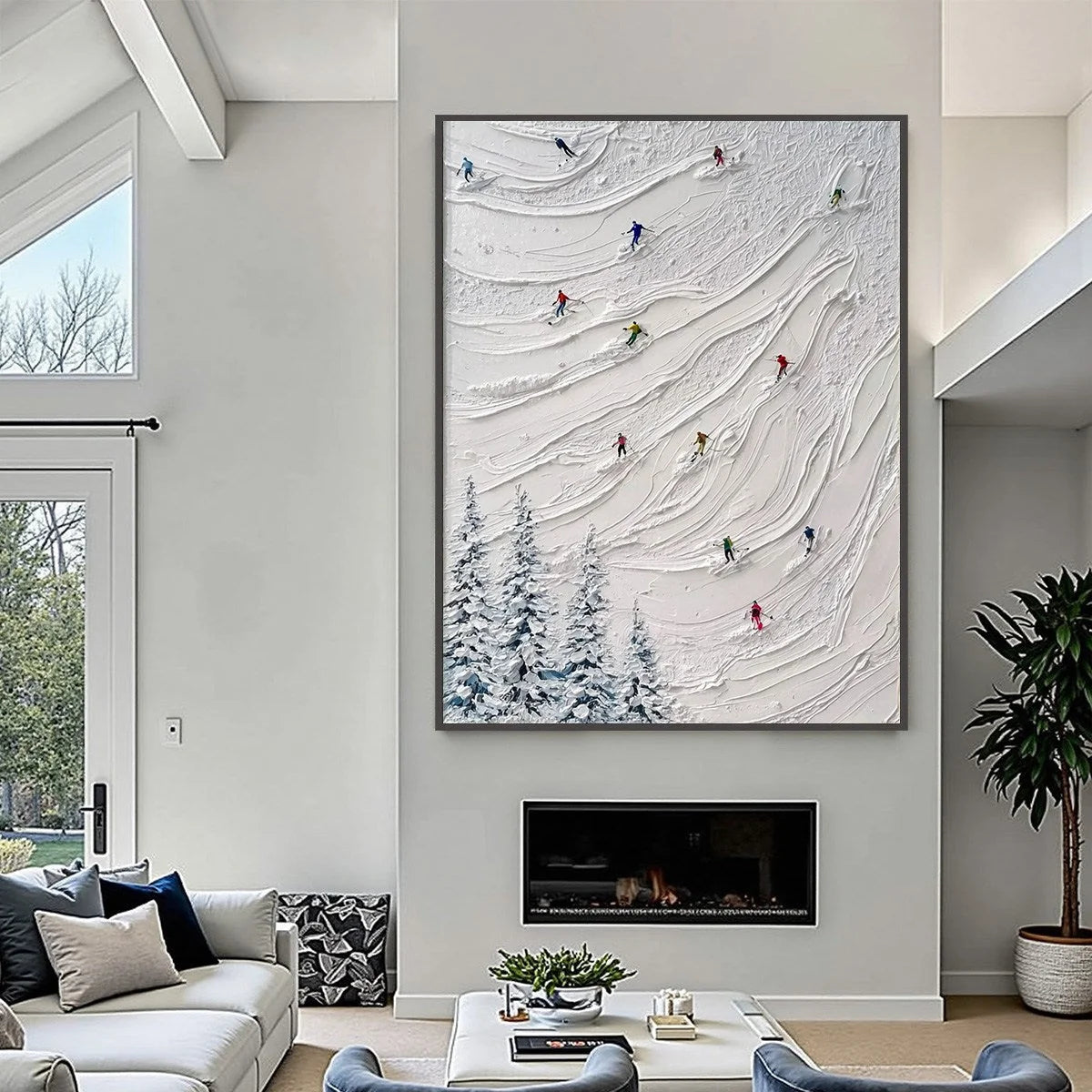 ALPINE RUSH: Textured Impasto Painting of Skiers on a Snowy Mountain | black frame version on white wall
