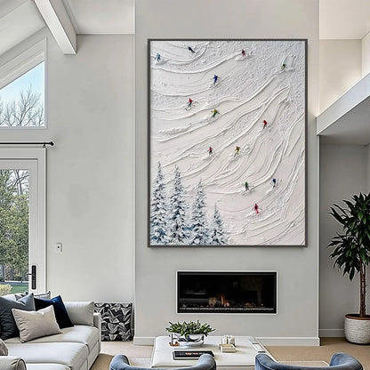 ALPINE RUSH: Textured Impasto Painting of Skiers on a Snowy Mountain | black frame version on white wall